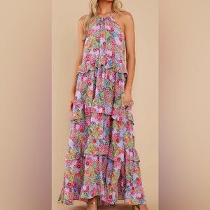 NWT Aura Maxi Dress Halter Neck Boho Ruffle Tiered Dress Floral Size Small